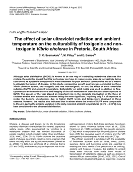 Toxigenic Vibrio Cholerae in Pretoria, South Africa