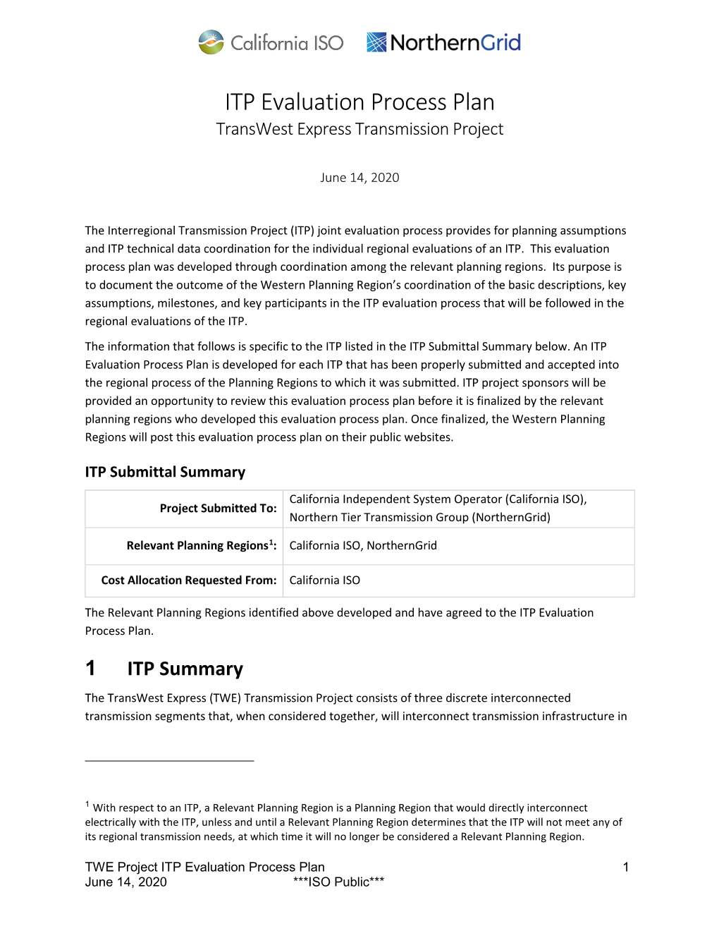 ITP Evaluation Process Plan Transwest Express Transmission Project