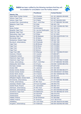 SADA Has Been Notified by the Following Members That They Will Be Available for Consultation Over the Holiday Season