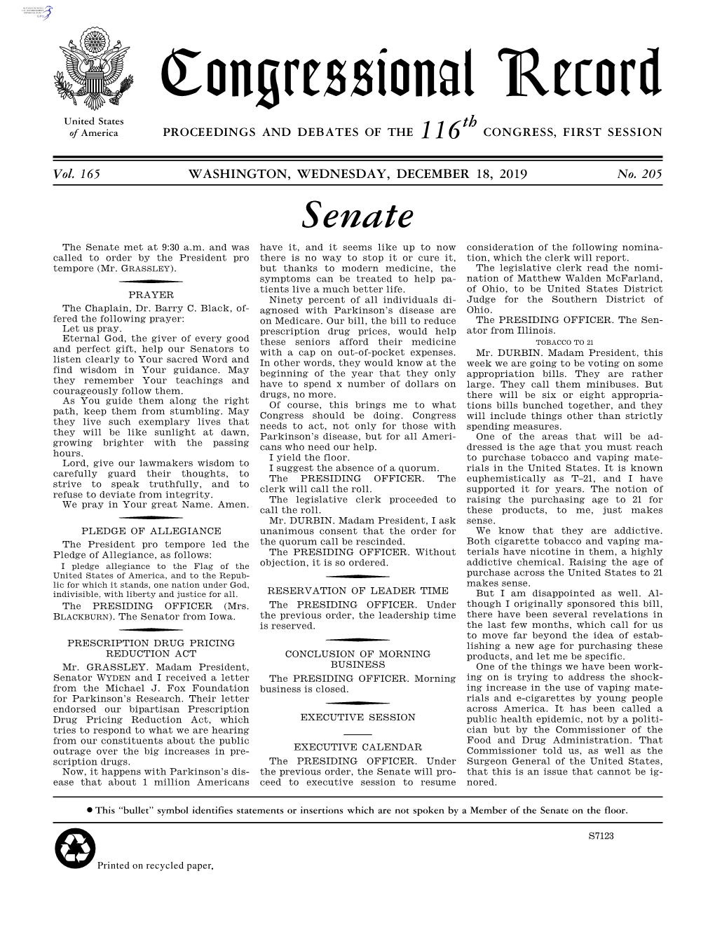 Congressional Record United States Th of America PROCEEDINGS and DEBATES of the 116 CONGRESS, FIRST SESSION