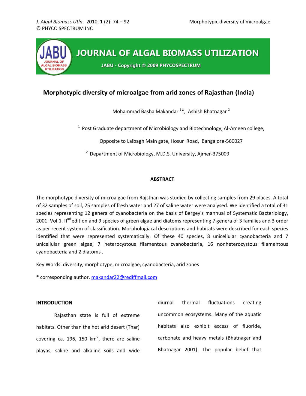 Morphotypic Diversity of Microalgae from Arid Zones of Rajasthan (India)