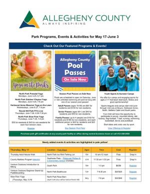 Park Programs, Events & Activities for May 17-June 3