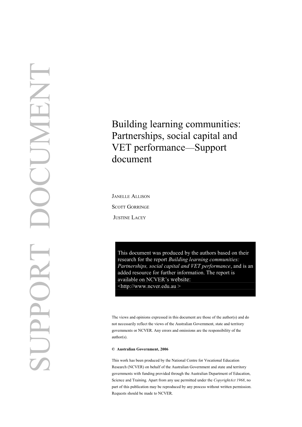 Building Learning Communities: Partnerships, Social Capital and VET Performance - Support