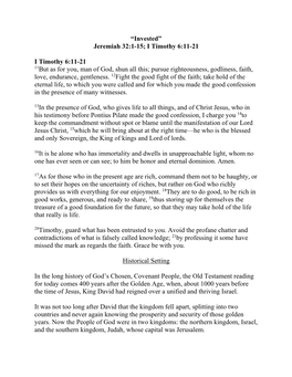 Jeremiah 32:1-15; I Timothy 6:11-21