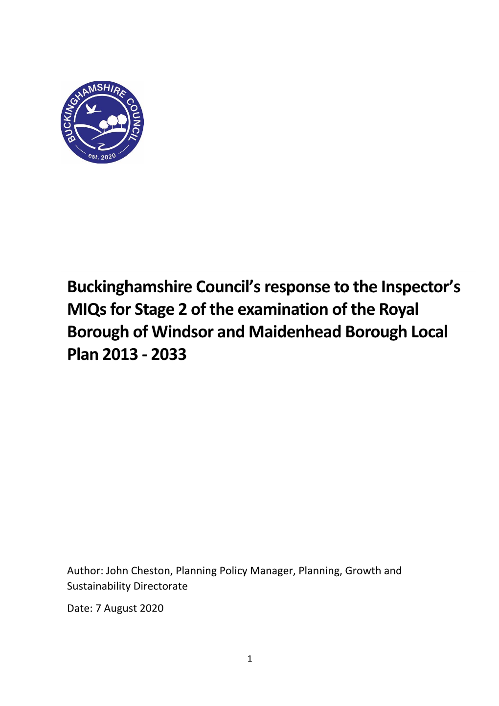 Buckinghamshire Council's Response to the Inspector's Miqs for Stage of the Examination of the Royal Borough of Windsor