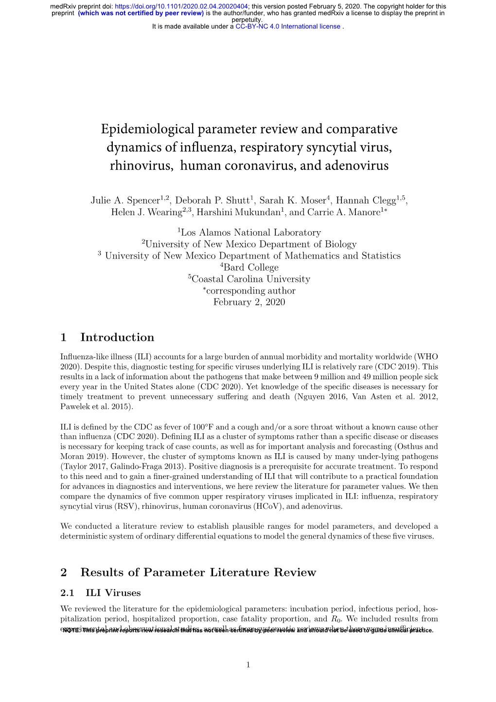 Epidemiological Parameter Review and Comparative Dynamics of Influenza, Respiratory Syncytial Virus, Rhinovirus, Human Coronavirus, and Adenovirus