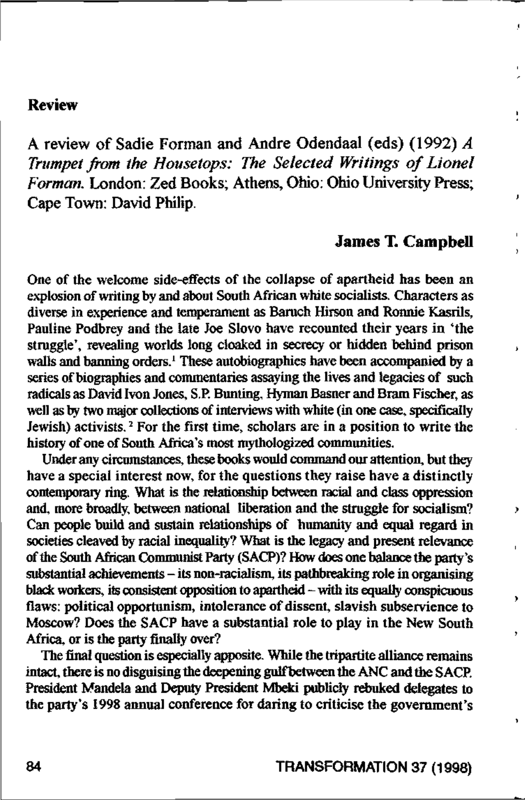 A Review of Sadie Forman and Andre Odendaal (Eds) (1992) a Trumpet from the Housetops: the Selected Writings of Lionel Forman