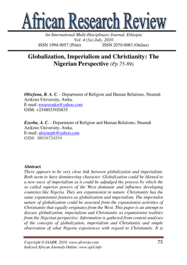 Globalization, Imperialism and Christianity: the Nigerian Perspective (Pp 75-89)