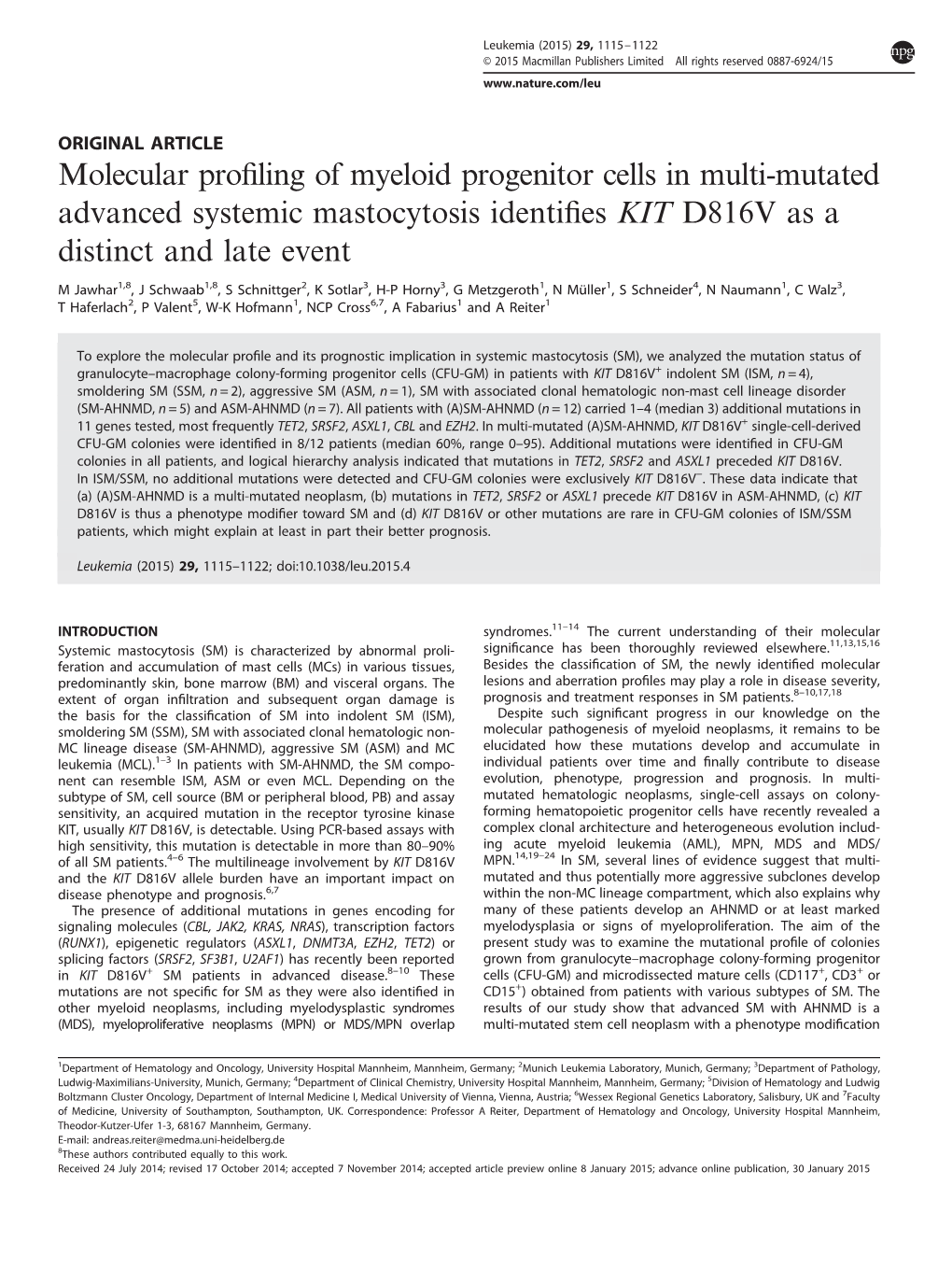 Molecular Profiling of Myeloid Progenitor Cells in Multi-Mutated Advanced Systemic Mastocytosis Identifies KIT D816V As a Distin