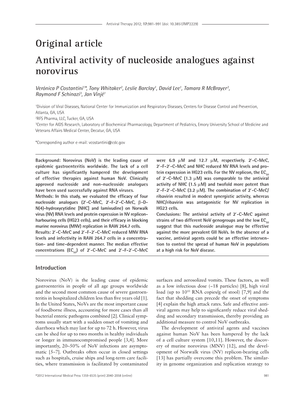 Original Article Antiviral Activity of Nucleoside Analogues Against Norovirus