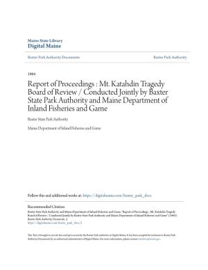 Report of Proceedings : Mt. Katahdin Tragedy Board Of