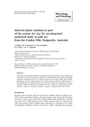 Inferred Phase Relations in Part of the System Au–Ag–Te: an Integrated Analytical Study of Gold Ore from the Golden Mile, Kalgoorlie, Australia