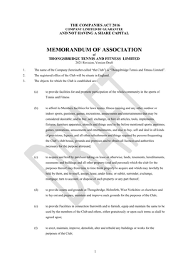 MEMORANDUM of ASSOCIATION of THONGSBRIDGE TENNIS and FITNESS LIMITED 2021 Revision, Version Draft