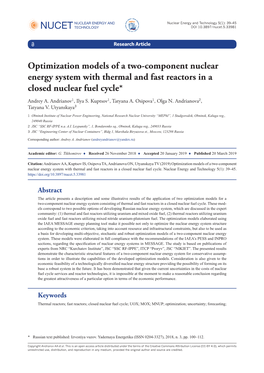 Optimization Models of a Two-Component Nuclear Energy System with Thermal and Fast Reactors in a Closed Nuclear Fuel Cycle*