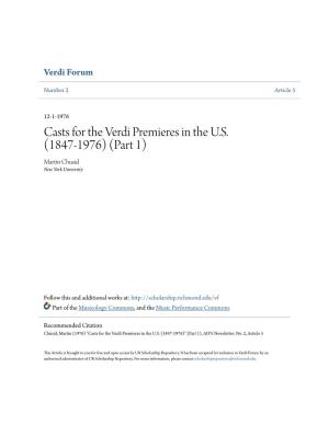 Casts for the Verdi Premieres in the US (1847-1976)