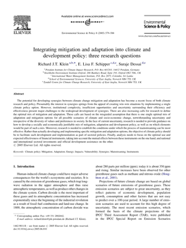 Integrating Mitigation and Adaptation Into Climate and Development Policy: Three Research Questions Richard J.T