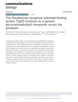 Pseudomonas Aeruginosa Substrate-Binding Protein Ttg2d Functions As a General Glycerophospholipid Transporter Across the Periplasm