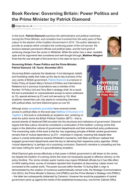 Governing Britain: Power Politics and the Prime Minister by Patrick Diamond