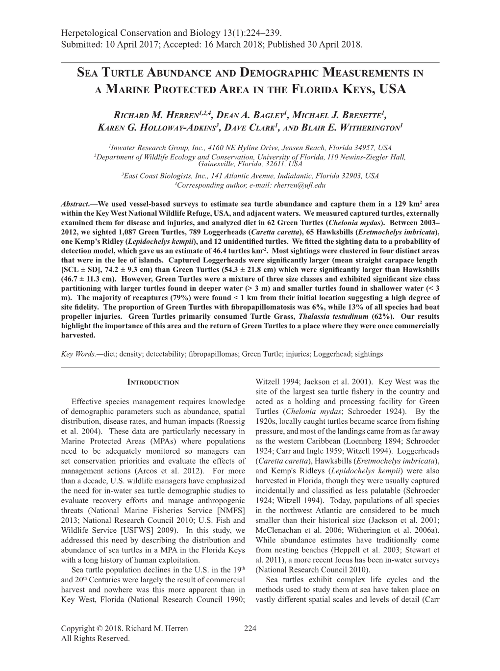 Sea Turtle Abundance and Demographic Measurements in a Marine Protected Area in the Florida Keys, Usa