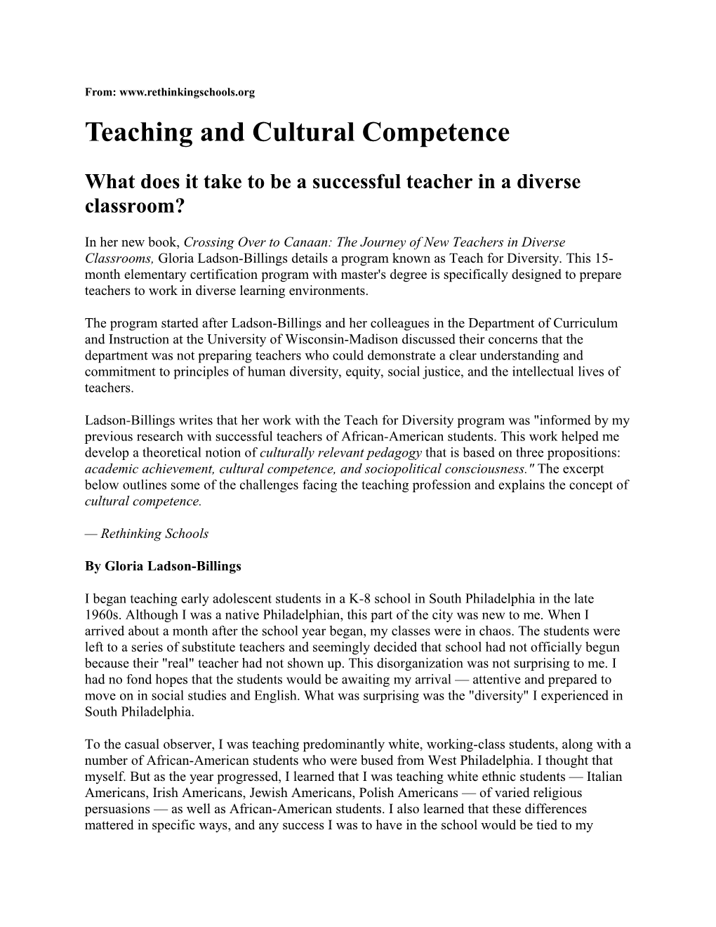 Teaching and Cultural Competence