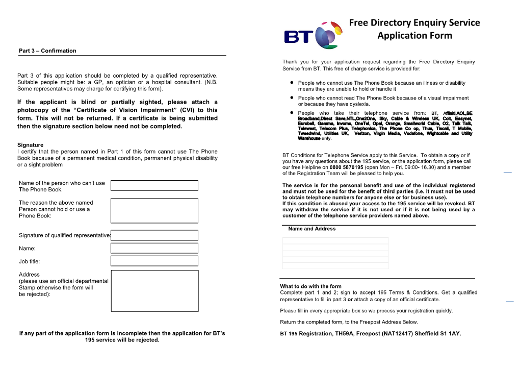 Free Directory Enquiry Service Application Form