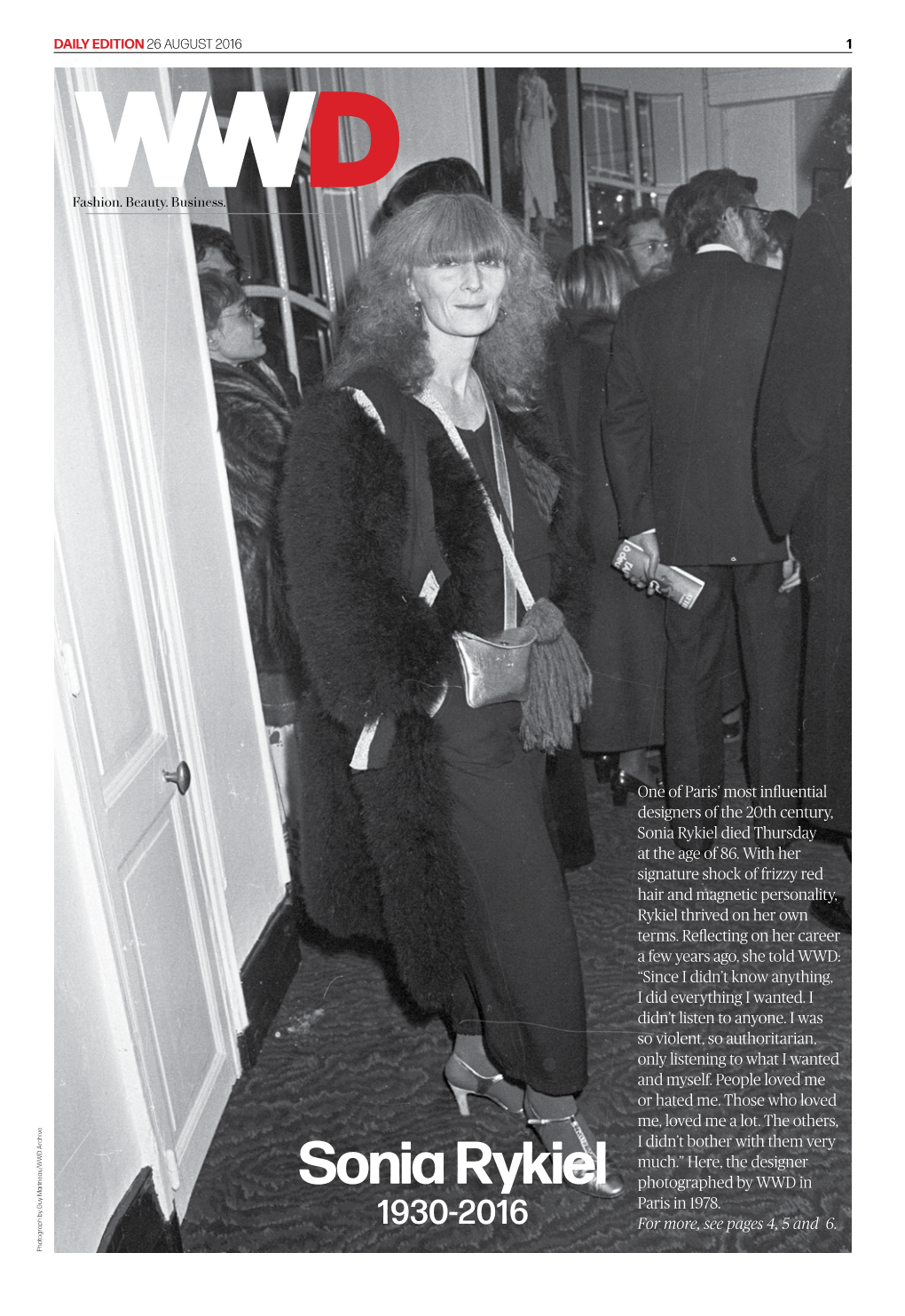 Sonia Rykiel 1930-2016 for More, See Pages 4,5And 6