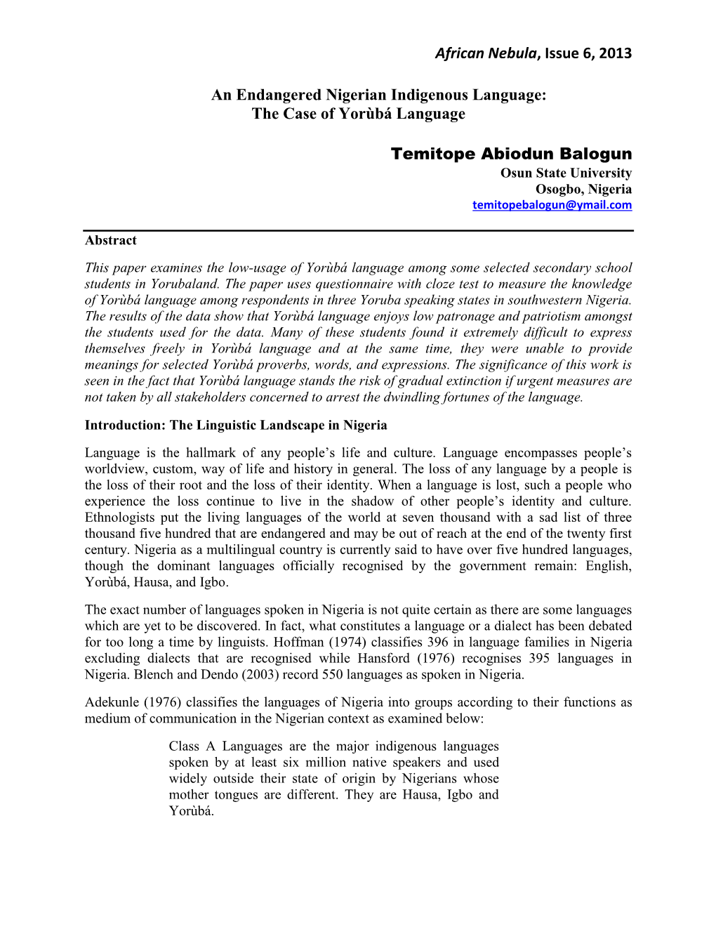 An Endangered Nigerian Indigenous Language: the Case of Yorùbá Language