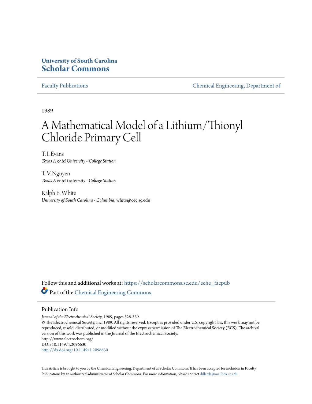 A Mathematical Model of a Lithium/Thionyl Chloride Primary Cell T