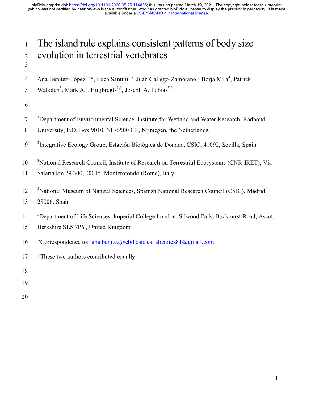 The Island Rule Explains Consistent Patterns of Body Size 2 Evolution in Terrestrial Vertebrates 3