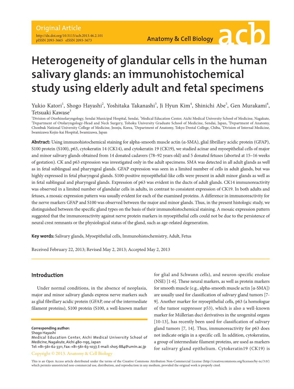 Heterogeneity of Glandular Cells in the Human Salivary Glands: an Immunohistochemical Study Using Elderly Adult and Fetal Specimens