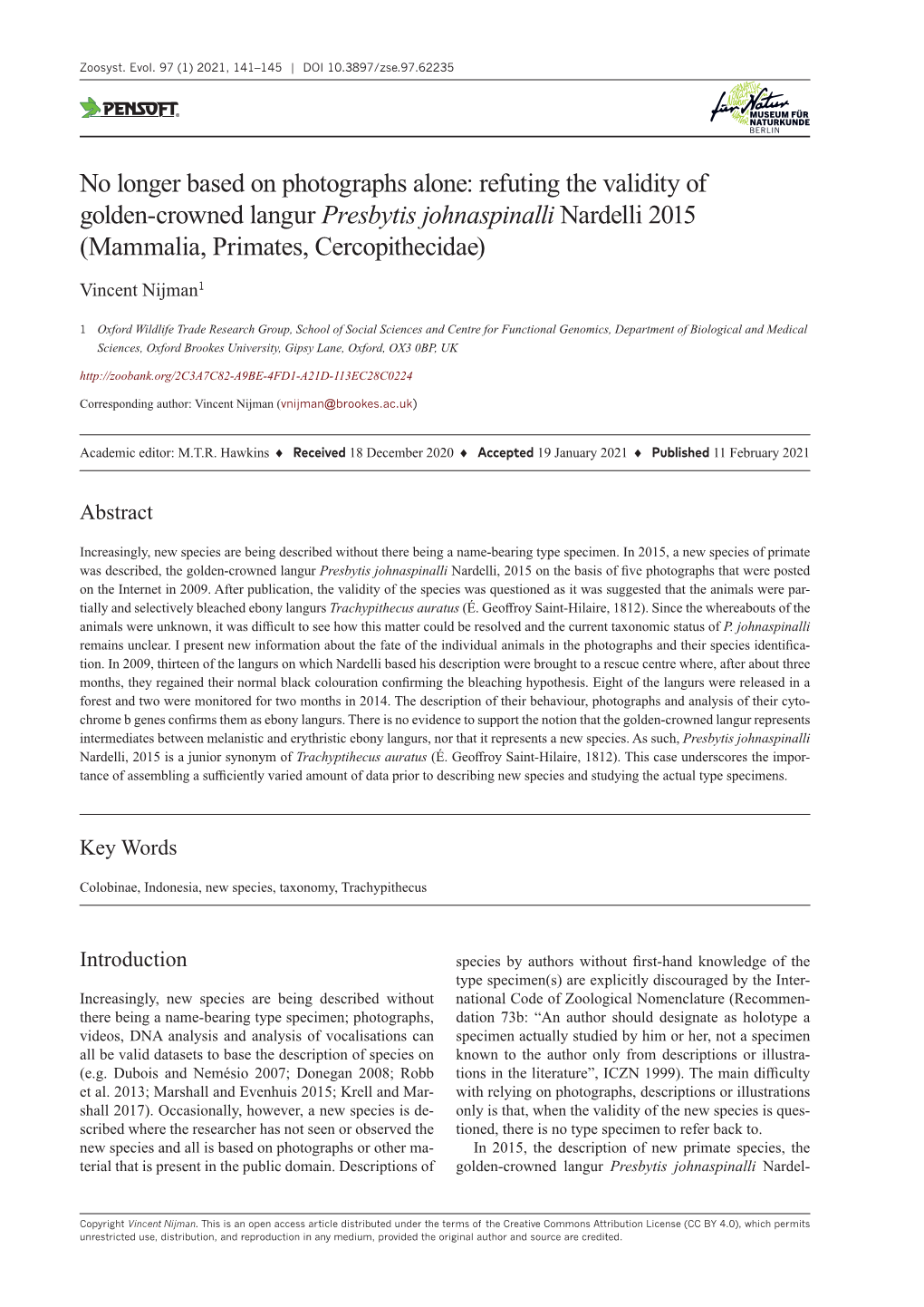 Refuting the Validity of Golden-Crowned Langur Presbytis Johnaspinalli Nardelli 2015 (Mammalia, Primates, Cercopithecidae)