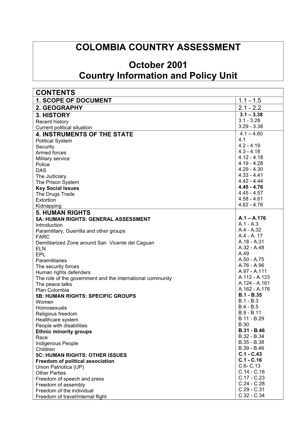 Colombia Country Assessment/Bulletins