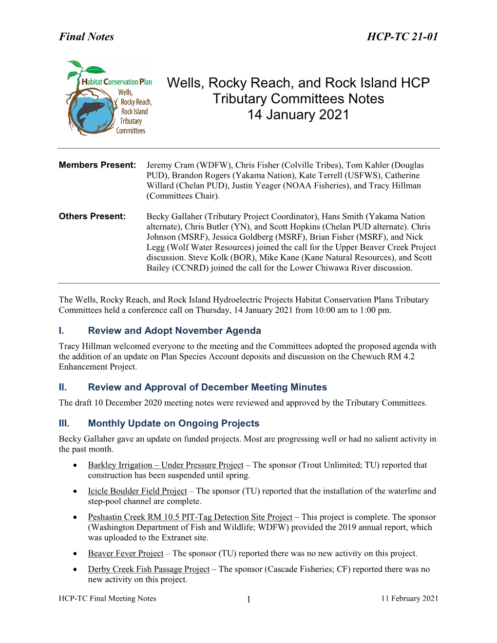 Wells, Rocky Reach, and Rock Island HCP Tributary Committees Notes 14 January 2021