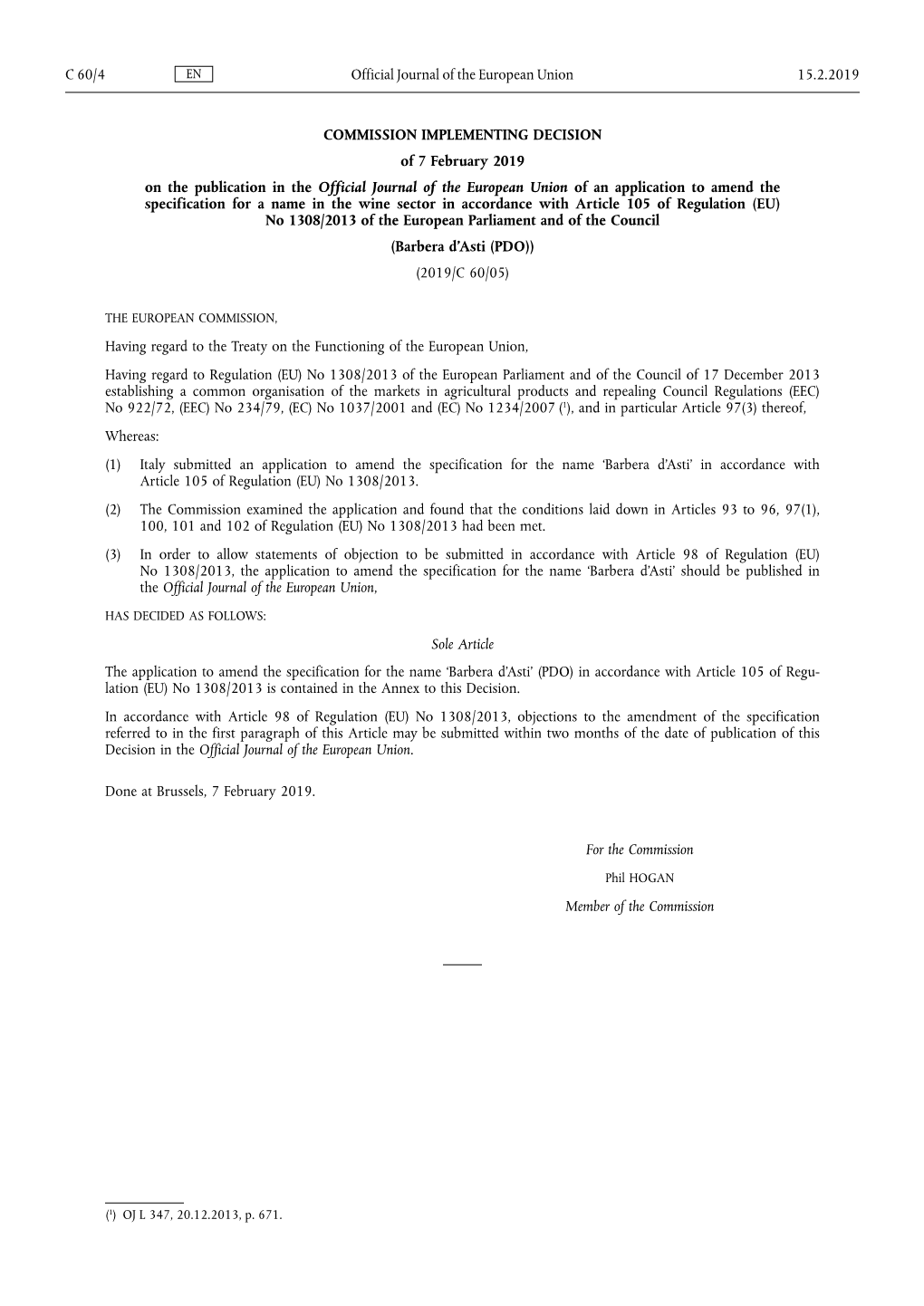 Commission Implementing Decision of 7 February 2019 on the Publication