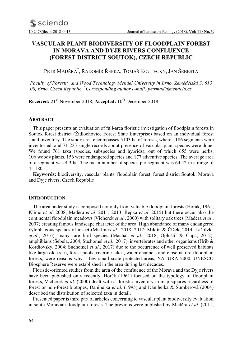 Vascular Plant Biodiversity of Floodplain Forest in Morava and Dyje Rivers Confluence (Forest District Soutok), Czech Republic