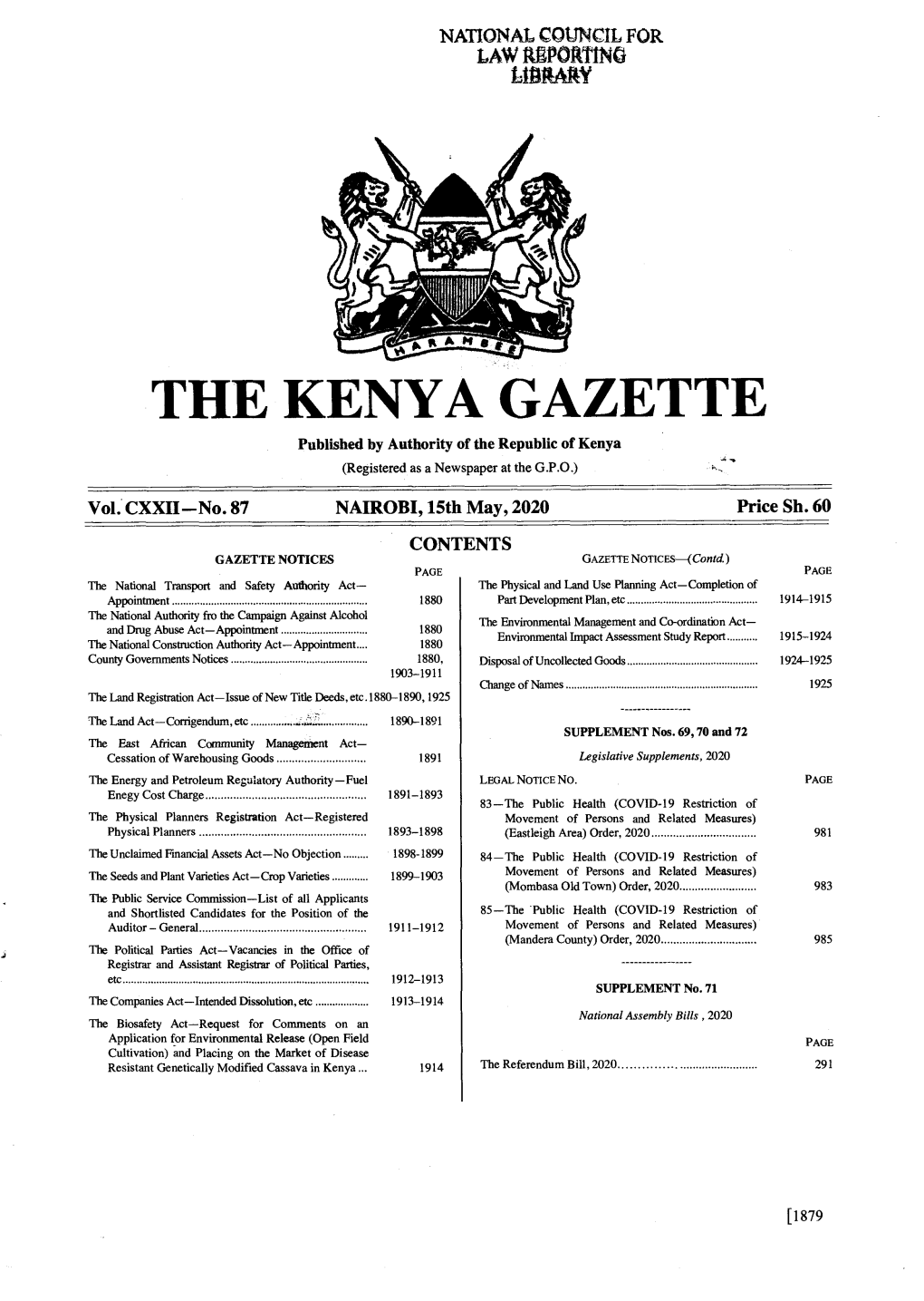 THE KENYA GAZETTE Published by Authority of the Republic of Kenya (Registered As a Newspaper at the G.P.O.)