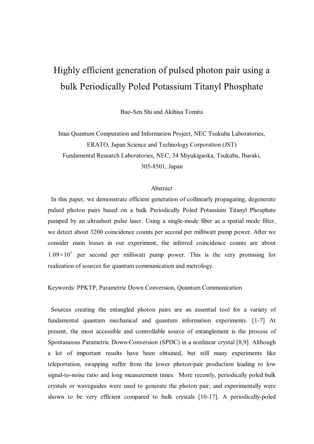 Highly Efficient Generation of Pulsed Photon Pair Using a Bulk Periodically Poled Potassium Titanyl Phosphate