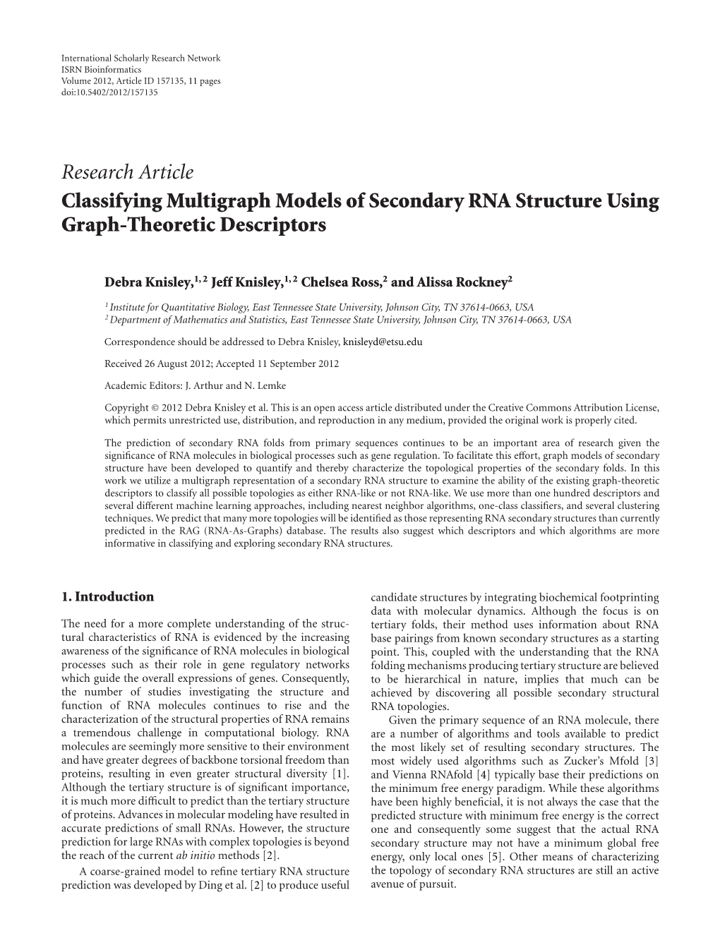 Classifying Multigraph Models of Secondary RNA Structure Using Graph-Theoretic Descriptors