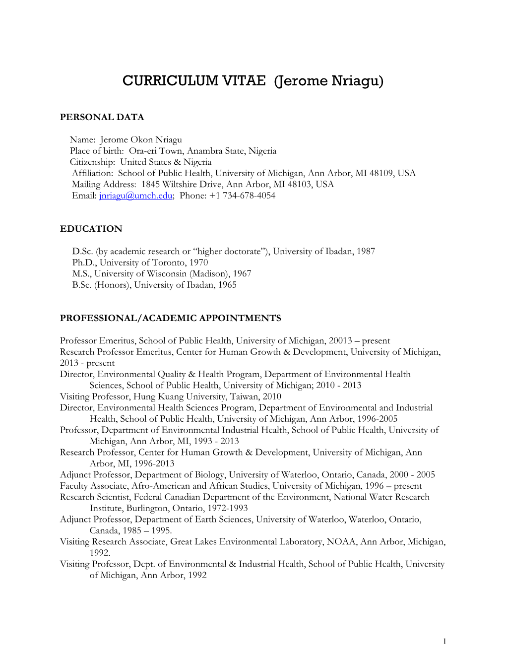 CURRICULUM VITAE (Jerome Nriagu)