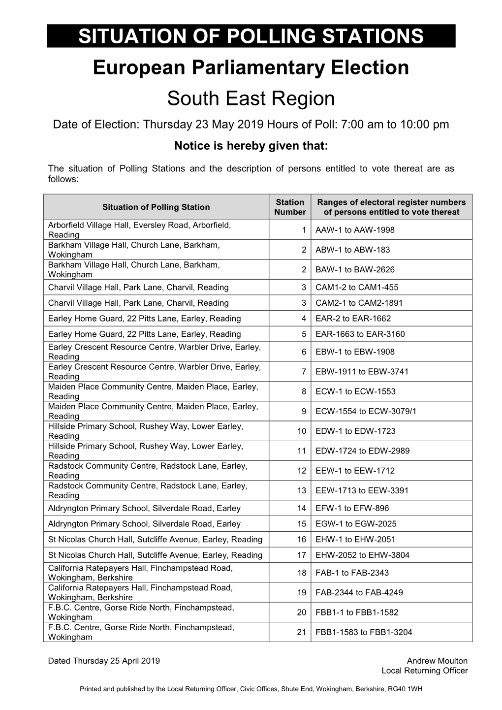 SITUATION of POLLING STATIONS European Parliamentary Election South East Region