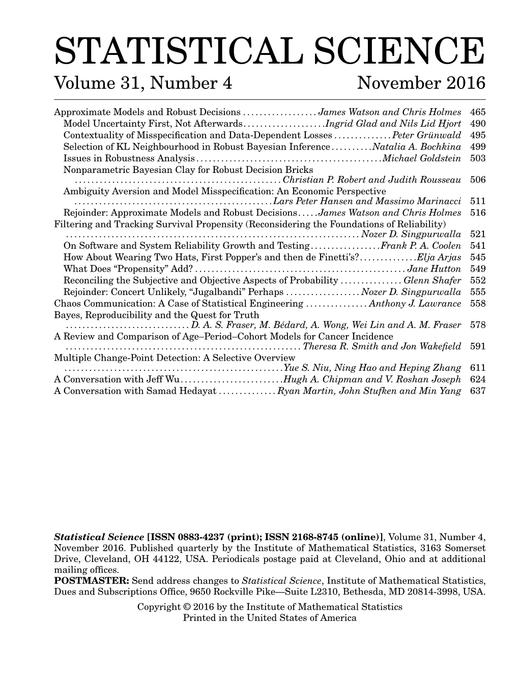 STATISTICAL SCIENCE Volume 31, Number 4 November 2016