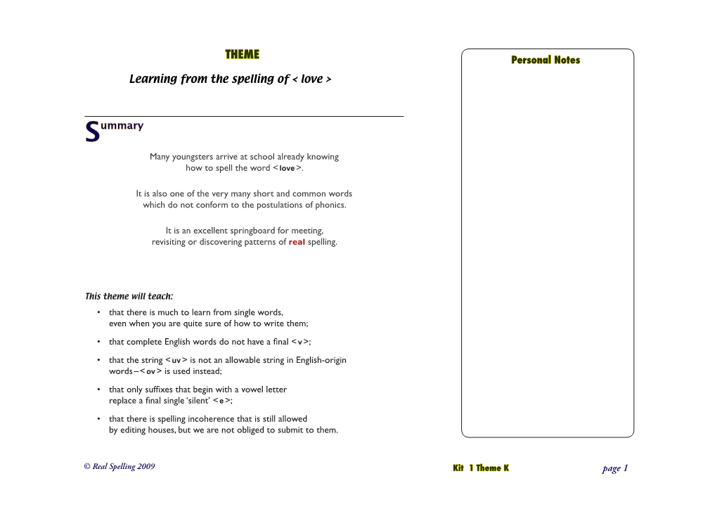 Personal Notes Page 1 Learning from the Spelling of &lt; Love &gt; Summary