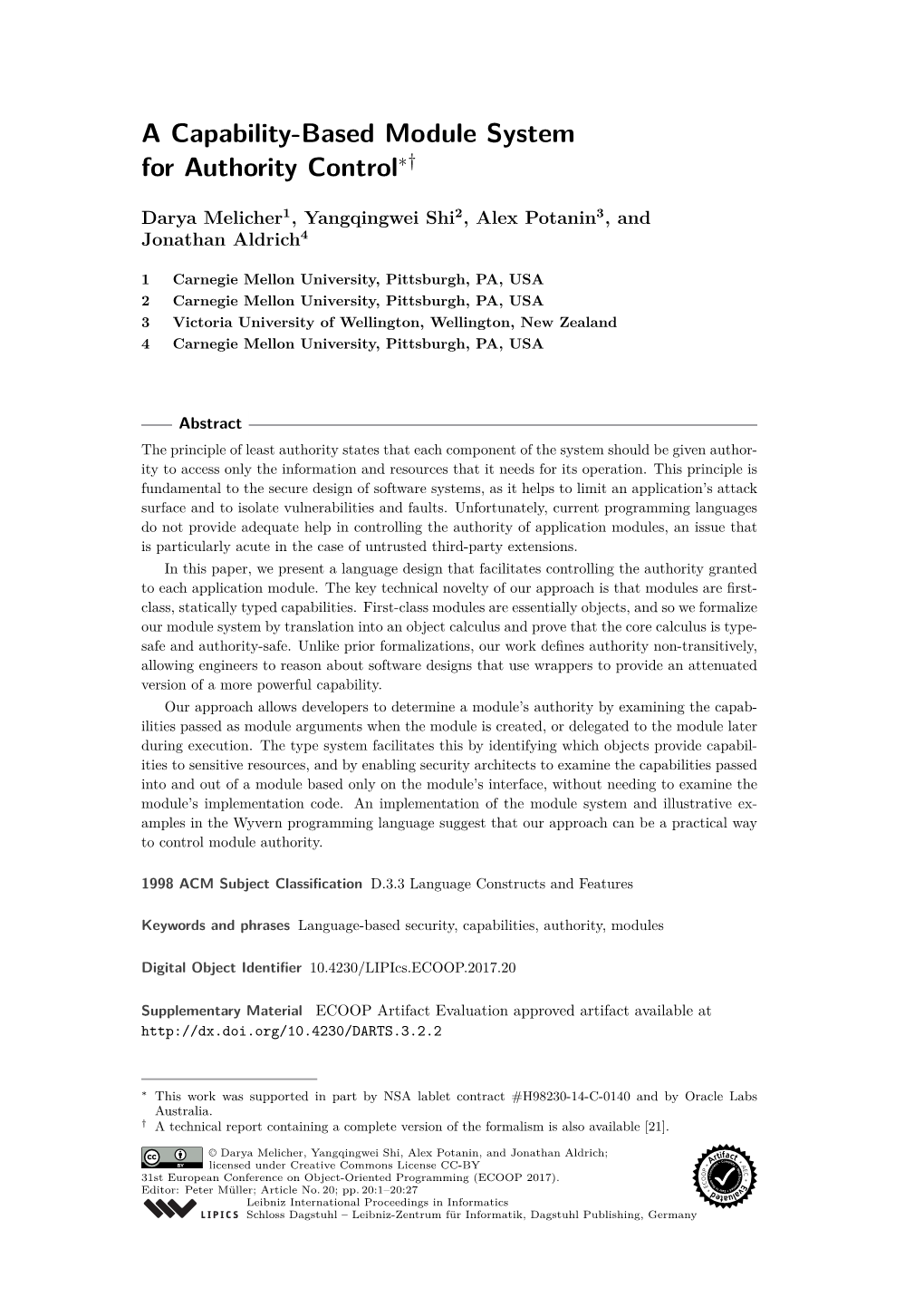 A Capability-Based Module System for Authority Control∗†