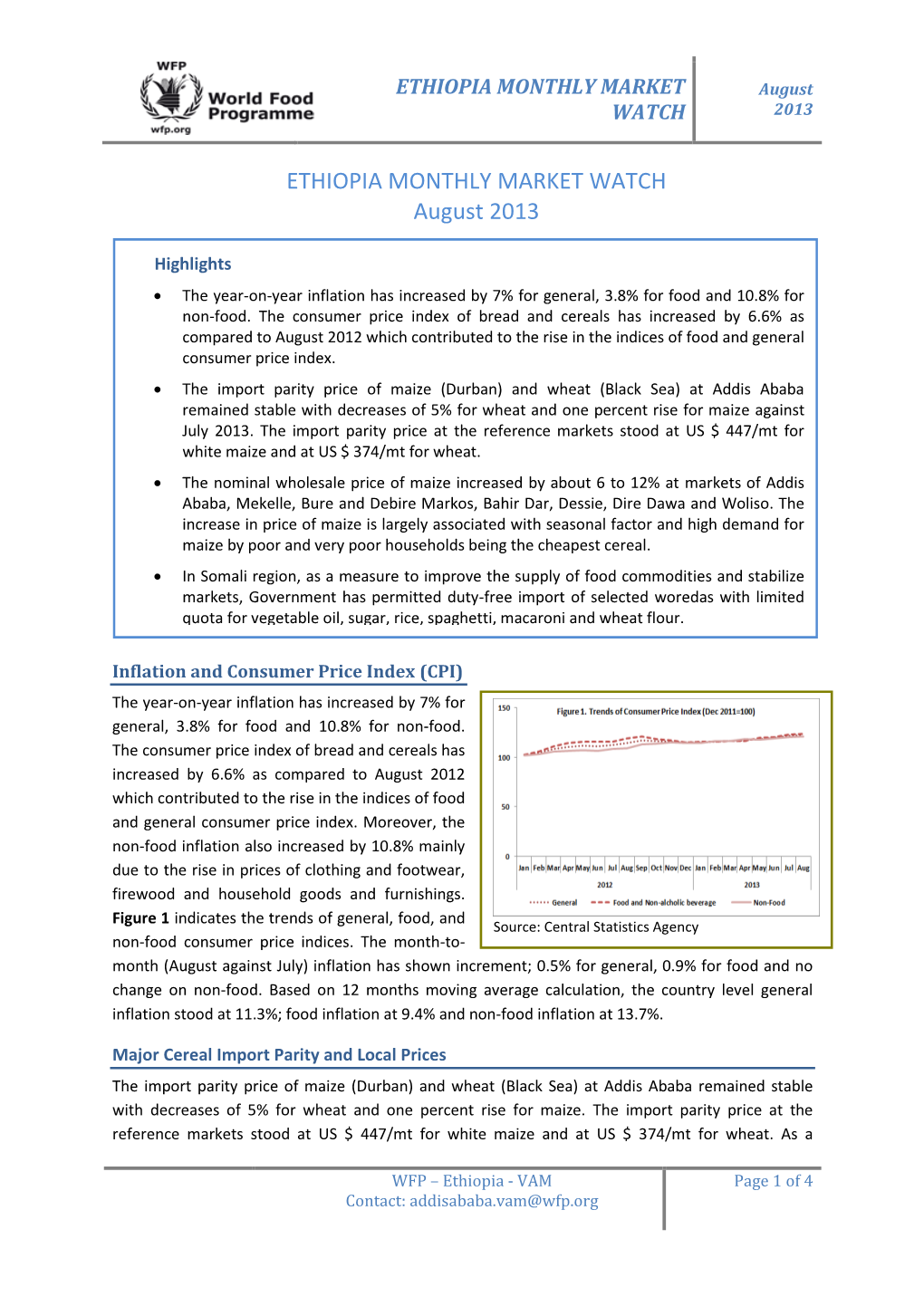 ETHIOPIA MONTHLY MARKET WATCH August 2013