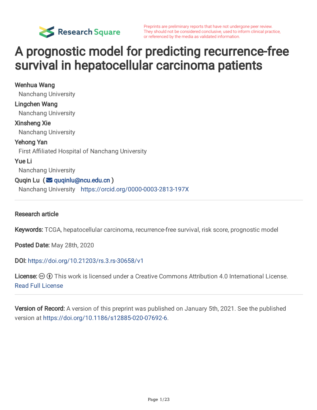 A Prognostic Model for Predicting Recurrence-Free Survival in Hepatocellular Carcinoma Patients