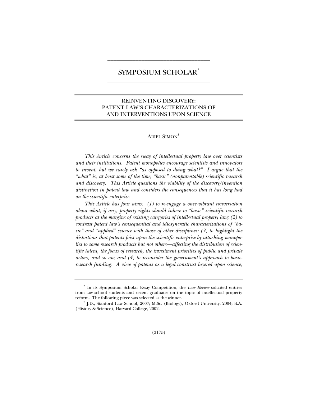 Reinventing Discovery: Patent Law’S Characterizations of and Interventions Upon Science