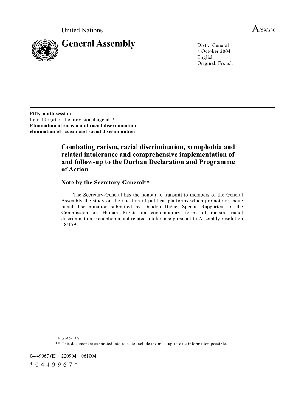 General Assembly Distr.: General 4 October 2004 English Original: French