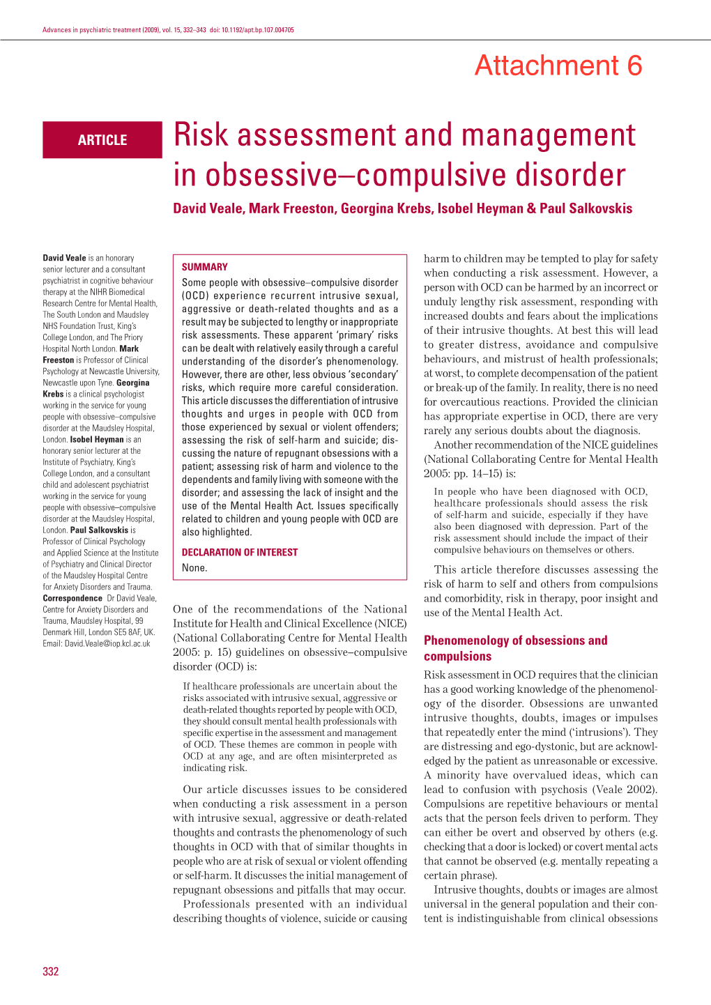 Risk Assessment and Management in Obsessive–Compulsive Disorder David Veale, Mark Freeston, Georgina Krebs, Isobel Heyman & Paul Salkovskis