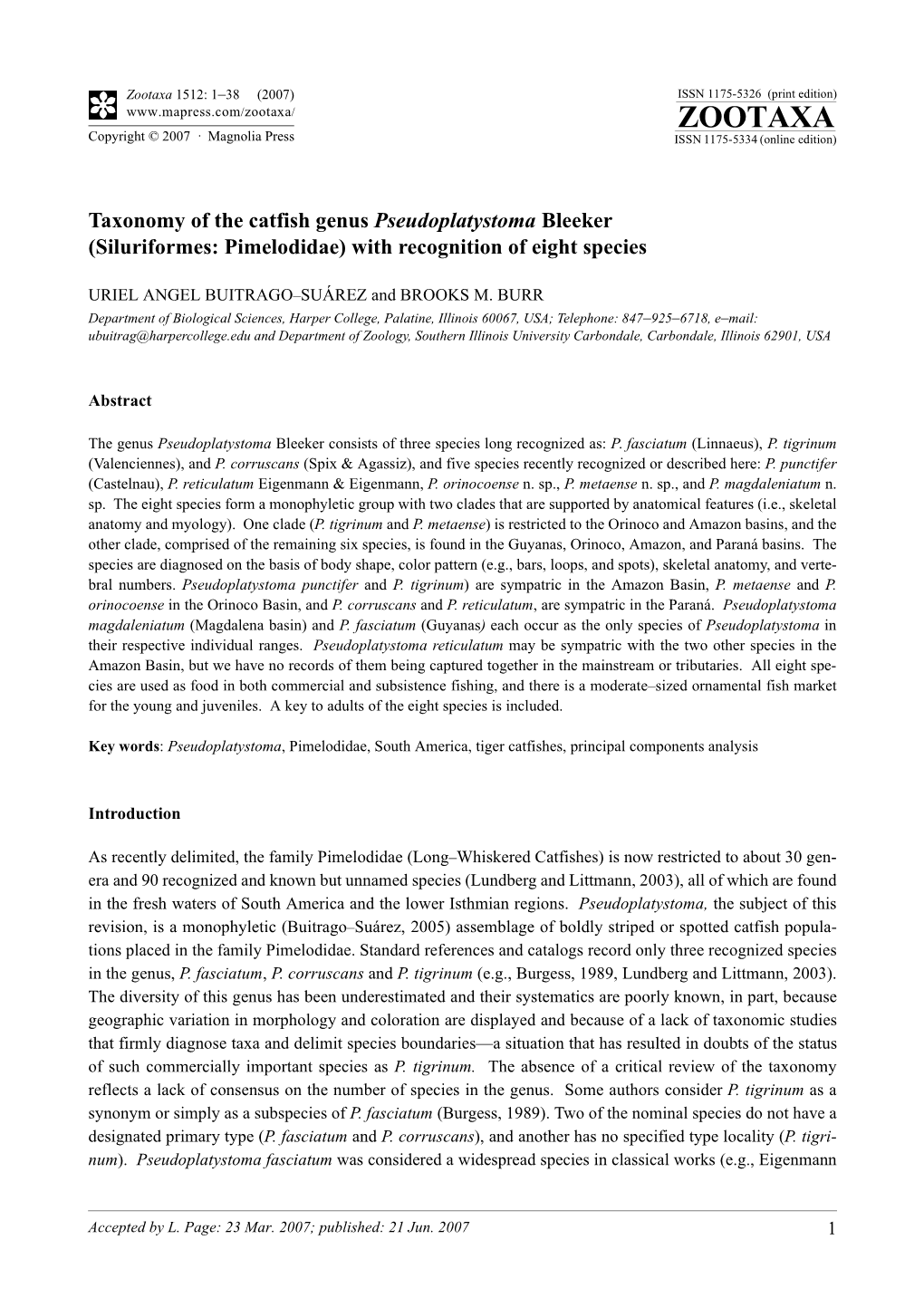 Zootaxa,Taxonomy of the Catfish Genus Pseudoplatystoma Bleeker