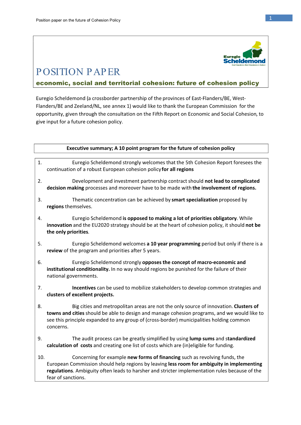 Position Paper on the Future of Cohesion Policy 1